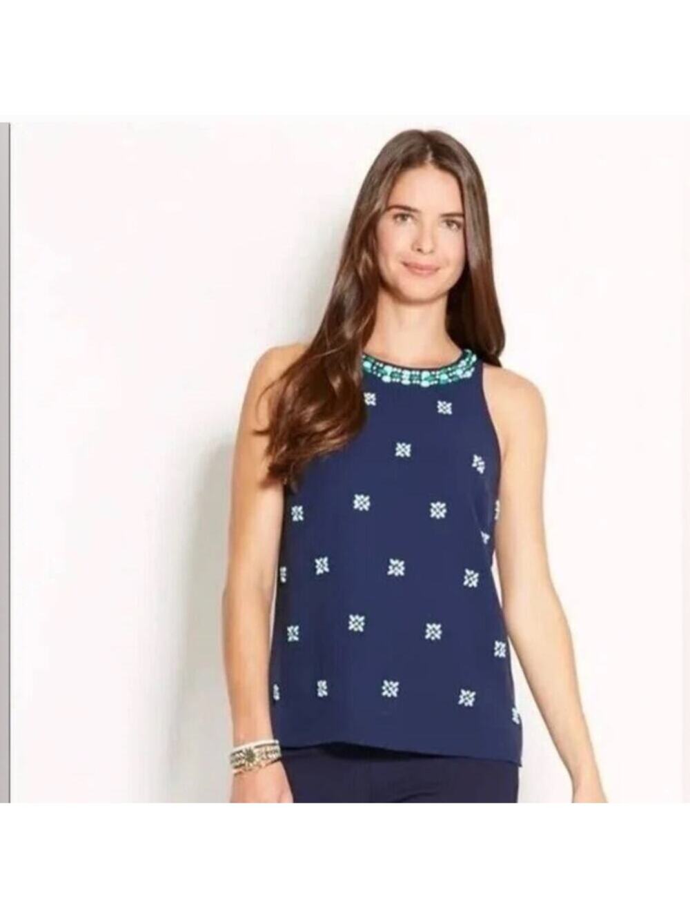 Vineyard Vines Embellished Gemstone Sleeveless Silk Navy Blue Blouse Size 8